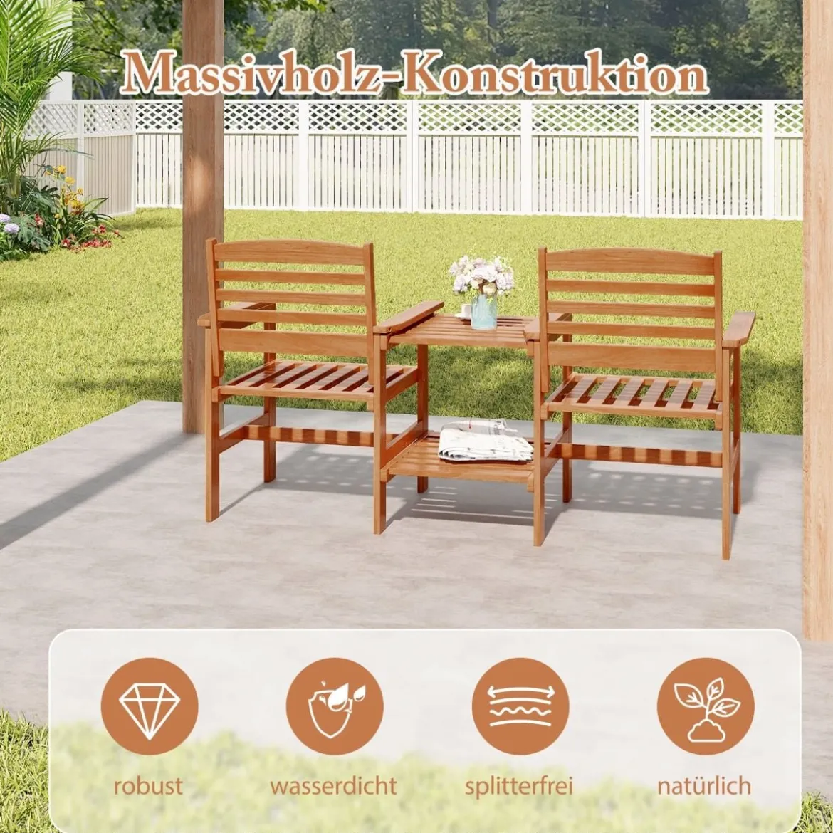 Sitzgarnitur aus Holz mit Kaffeetisch & Schirmloch Wetterfestes Gartenmöbelset für die Terrasse