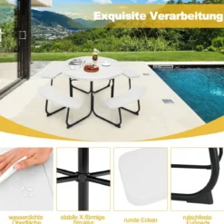 Sitzgarnitur für 8 Personen Picknicktisch aus HDPE mit Schirmloch & 4 Bänken Wetterfester Tisch