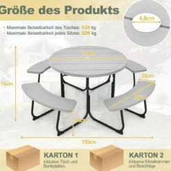 Sitzgarnitur für 8 Personen Picknicktisch aus HDPE mit Schirmloch & 4 Bänken Wetterfester Tisch