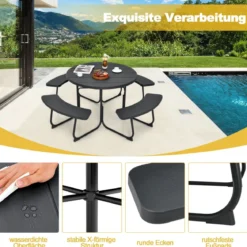Sitzgarnitur für 8 Personen Picknicktisch aus HDPE mit Schirmloch & 4 Bänken Wetterfester Tisch