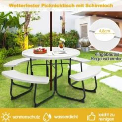 Sitzgarnitur für 8 Personen Picknicktisch aus HDPE mit Schirmloch & 4 Bänken Wetterfester Tisch