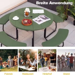 Sitzgarnitur für 8 Personen Picknicktisch aus HDPE mit Schirmloch & 4 Bänken Wetterfester Tisch