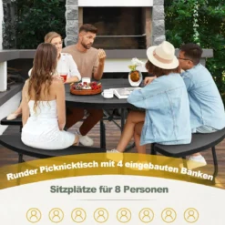 Sitzgarnitur für 8 Personen Picknicktisch aus HDPE mit Schirmloch & 4 Bänken Wetterfester Tisch