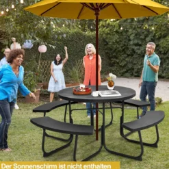 Sitzgarnitur für 8 Personen Picknicktisch aus HDPE mit Schirmloch & 4 Bänken Wetterfester Tisch