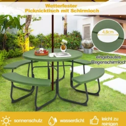 Sitzgarnitur für 8 Personen Picknicktisch aus HDPE mit Schirmloch & 4 Bänken Wetterfester Tisch