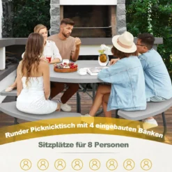 Sitzgarnitur für 8 Personen Picknicktisch aus HDPE mit Schirmloch & 4 Bänken Wetterfester Tisch