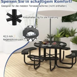 Sitzgarnitur für 8 Personen Picknicktisch mit Schirmloch & 4 Bänken Runder Gartentisch