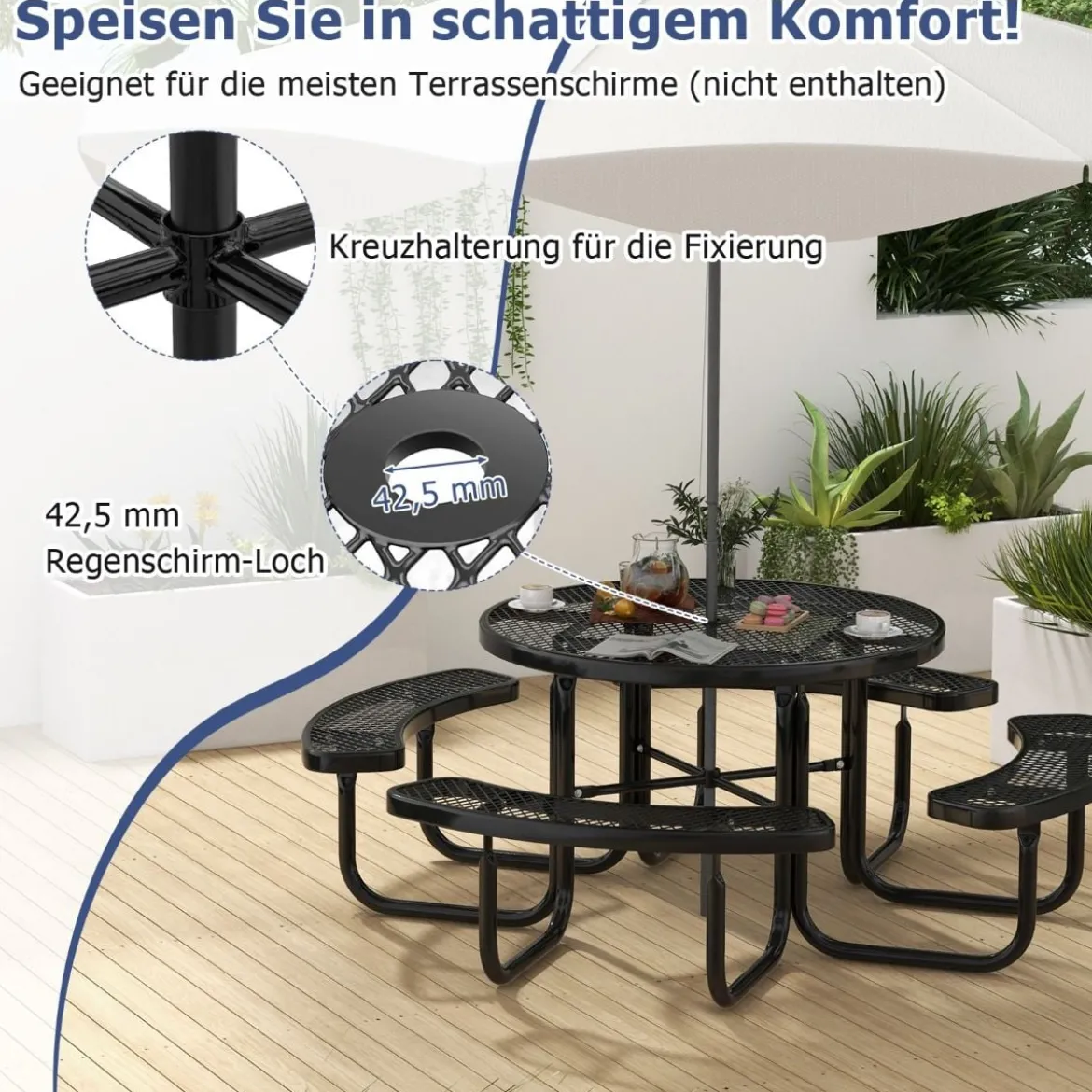 Sitzgarnitur für 8 Personen Picknicktisch mit Schirmloch & 4 Bänken Runder Gartentisch