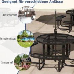 Sitzgarnitur für 8 Personen Picknicktisch mit Schirmloch & 4 Bänken Runder Gartentisch