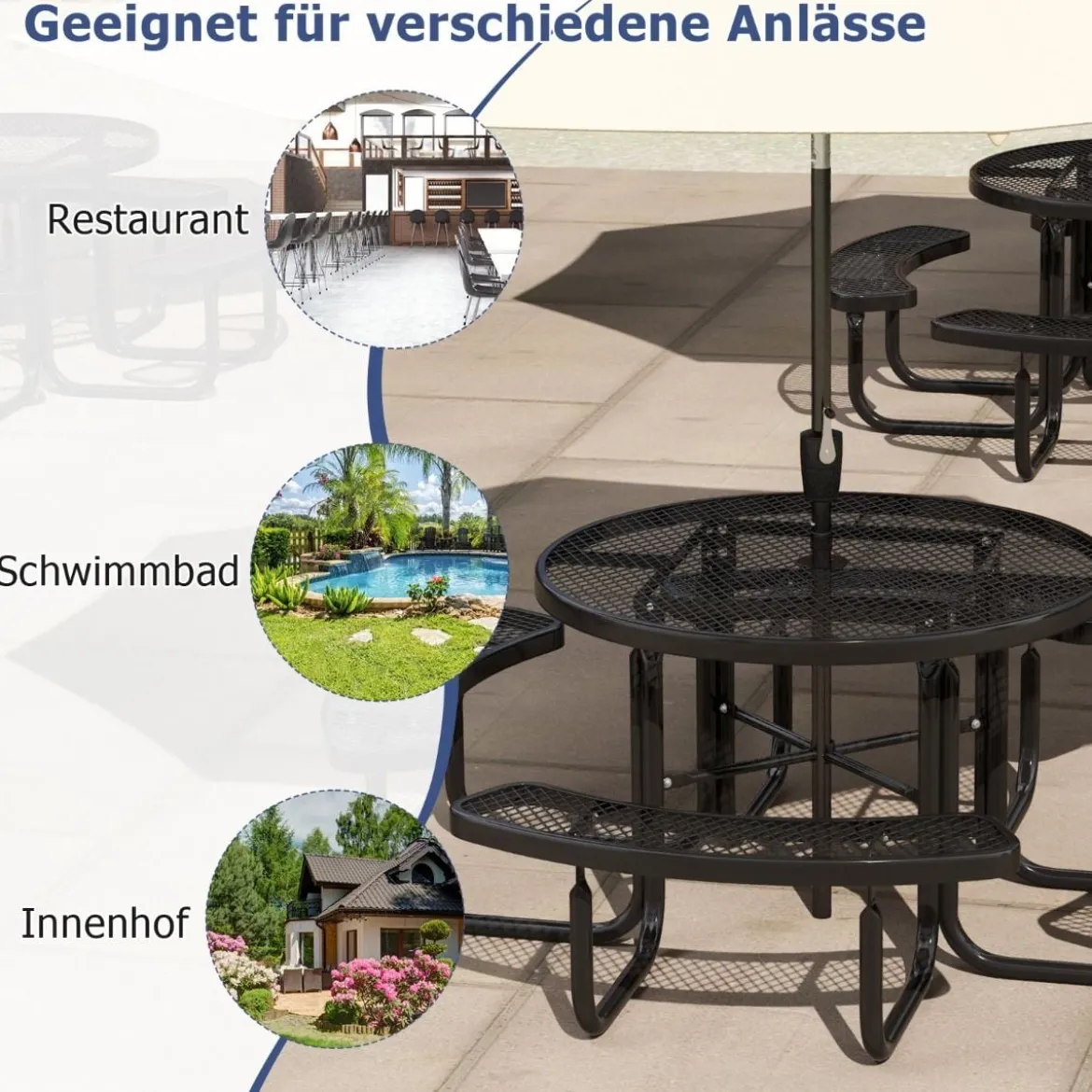 Sitzgarnitur für 8 Personen Picknicktisch mit Schirmloch & 4 Bänken Runder Gartentisch
