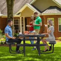 Sitzgarnitur für 8 Personen Picknicktisch mit Schirmloch & 4 Bänken Runder Gartentisch
