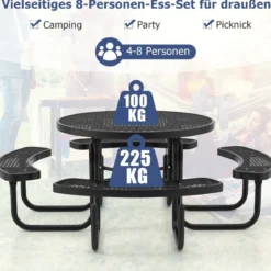 Sitzgarnitur für 8 Personen Picknicktisch mit Schirmloch & 4 Bänken Runder Gartentisch