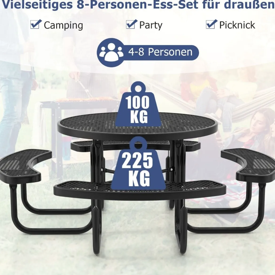 Sitzgarnitur für 8 Personen Picknicktisch mit Schirmloch & 4 Bänken Runder Gartentisch
