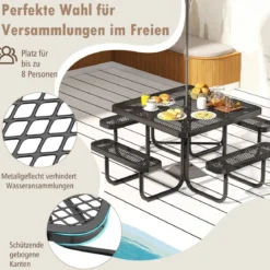 Sitzgarnitur für 8 Personen Picknicktisch mit Schirmloch & 4 Bänken Quadratischer Gartentisch