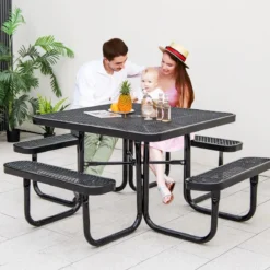 Sitzgarnitur für 8 Personen Picknicktisch mit Schirmloch & 4 Bänken Quadratischer Gartentisch