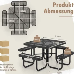 Sitzgarnitur für 8 Personen Picknicktisch mit Schirmloch & 4 Bänken Quadratischer Gartentisch