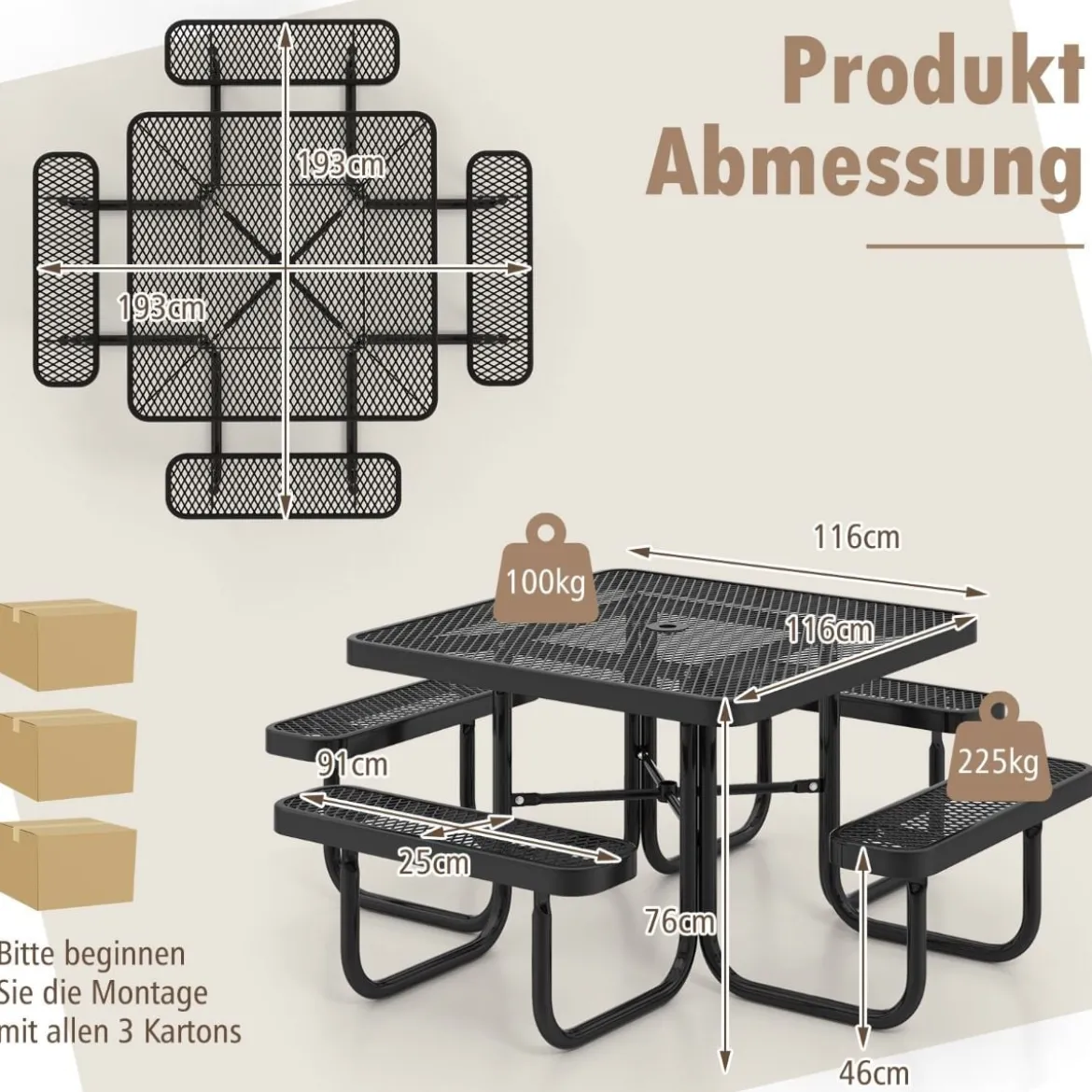 Sitzgarnitur für 8 Personen Picknicktisch mit Schirmloch & 4 Bänken Quadratischer Gartentisch