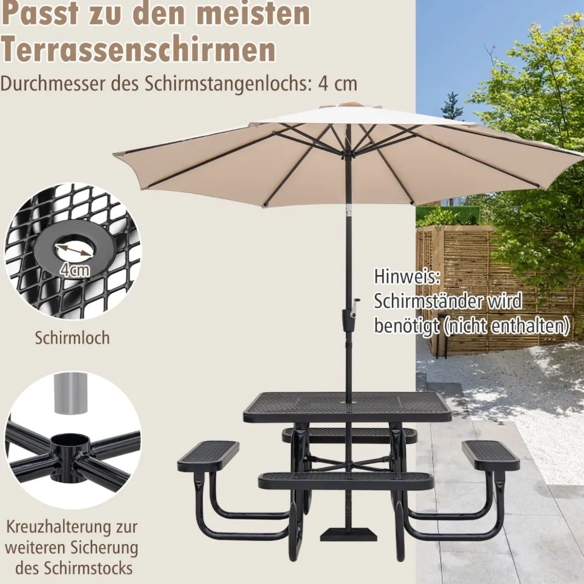 Sitzgarnitur für 8 Personen Picknicktisch mit Schirmloch & 4 Bänken Quadratischer Gartentisch