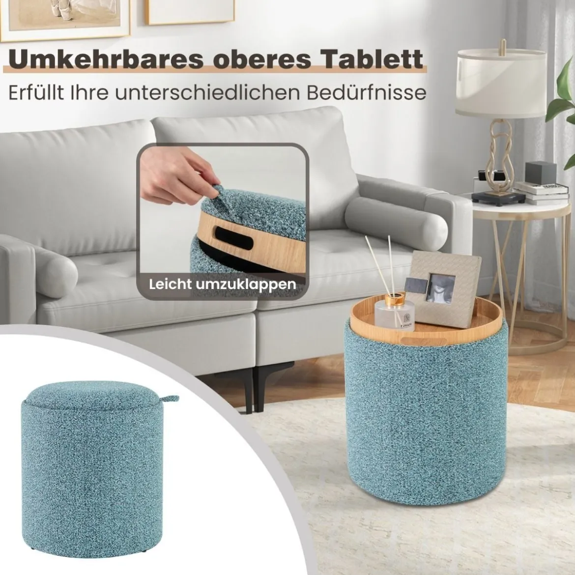 Sitzhocker 2er Set runder Fußhocker mit Stauraum & wendbarem Deckel Blau