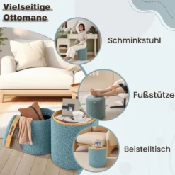 Sitzhocker 2er Set runder Fußhocker mit Stauraum & wendbarem Deckel Blau