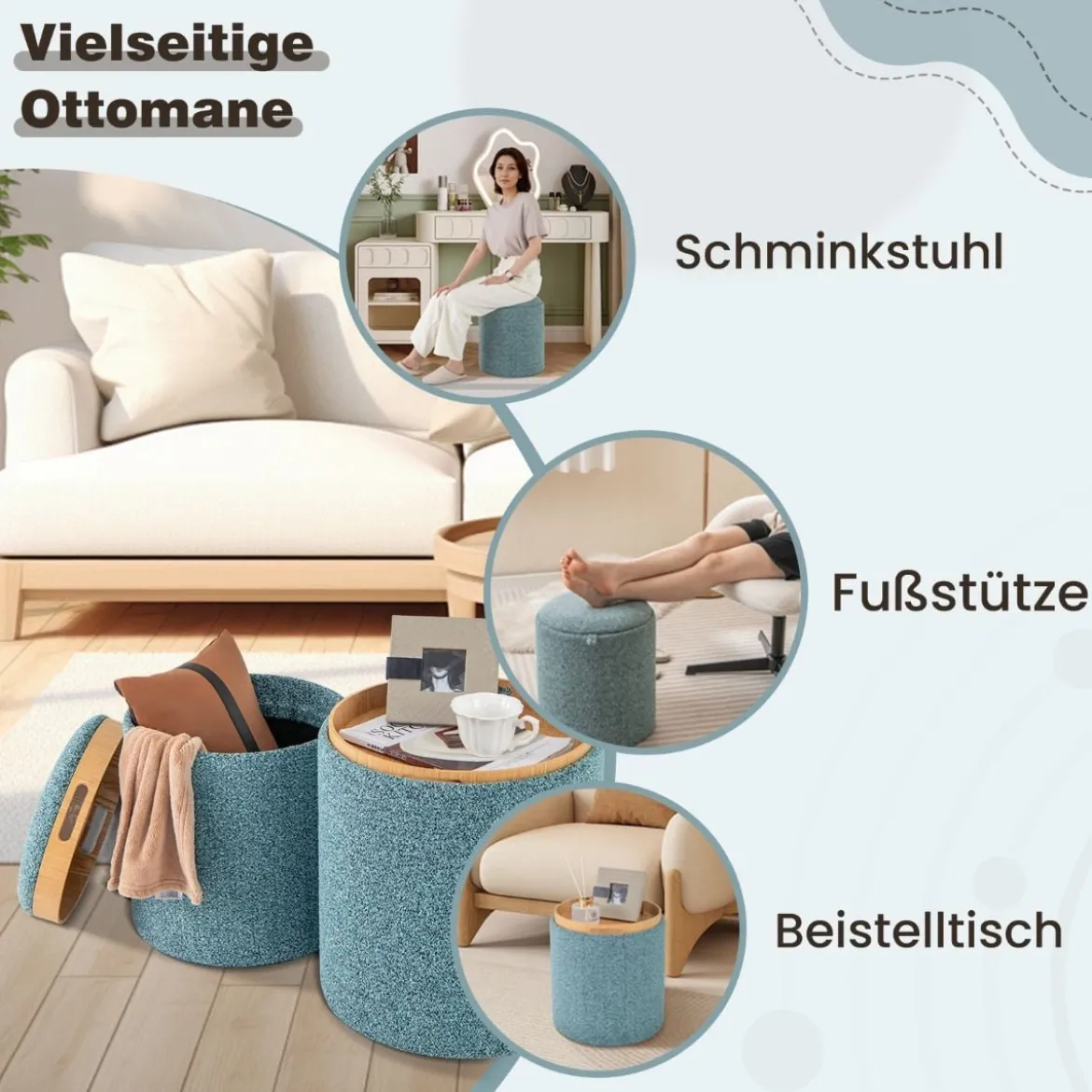 Sitzhocker 2er Set runder Fußhocker mit Stauraum & wendbarem Deckel Blau