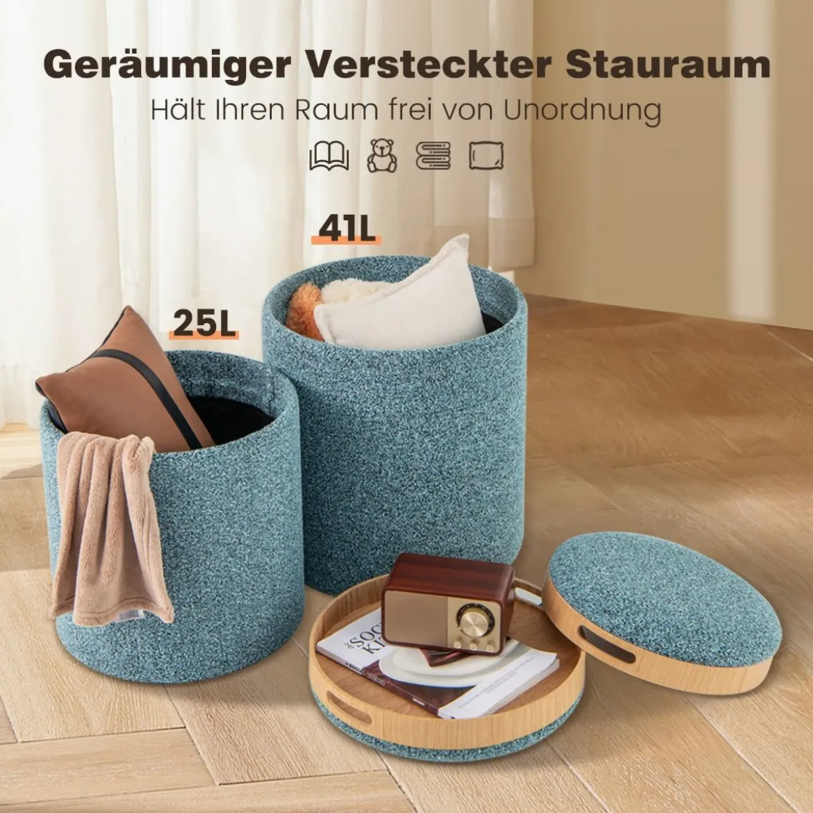 Sitzhocker 2er Set runder Fußhocker mit Stauraum & wendbarem Deckel Blau