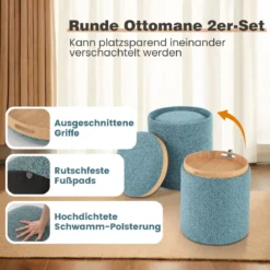 Sitzhocker 2er Set runder Fußhocker mit Stauraum & wendbarem Deckel Blau