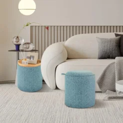 Sitzhocker 2er Set runder Fußhocker mit Stauraum & wendbarem Deckel Blau