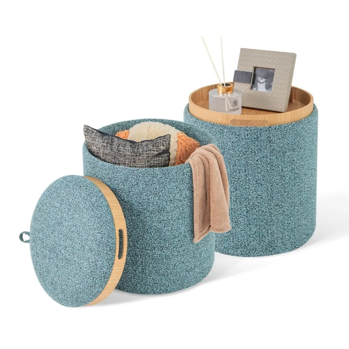 Sitzhocker 2er Set runder Fußhocker mit Stauraum & wendbarem Deckel Blau