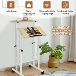 Sitz-Steh-Schreibtisch Stehschreibtisch höhenverstellbar rollender Schreibtisch Weiß + Natur