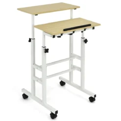 Sitz-Steh-Schreibtisch Stehschreibtisch höhenverstellbar rollender Schreibtisch Weiß + Natur