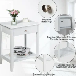 Sofatisch 2-Stufiger Nachttisch aus Holz mit Schiebeschublade 47,5 x 36 x 62 cm Weiß