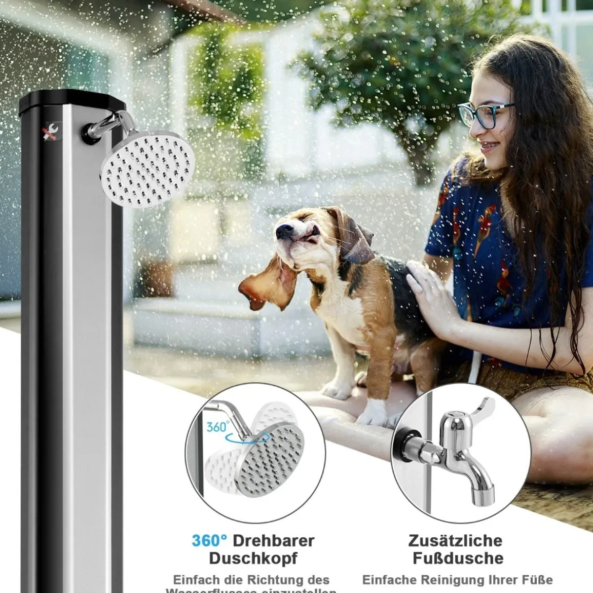 Solarbeheizte Außendusche 217 cm Dusche mit 2 Sektionen und Frei Drehbarem Duschkopf Schwarz + Silber