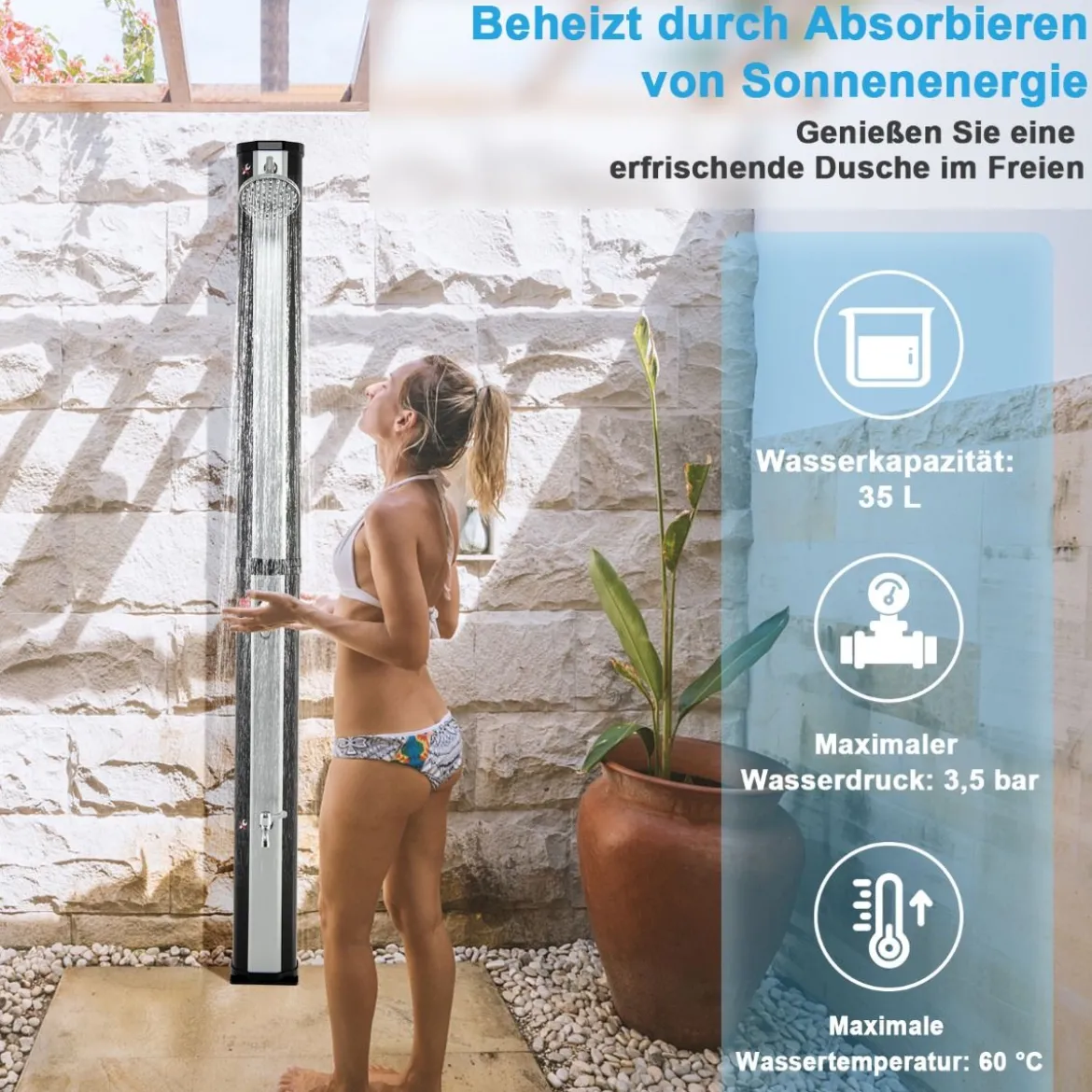 Solarbeheizte Außendusche 217 cm Dusche mit 2 Sektionen und Frei Drehbarem Duschkopf Schwarz + Silber