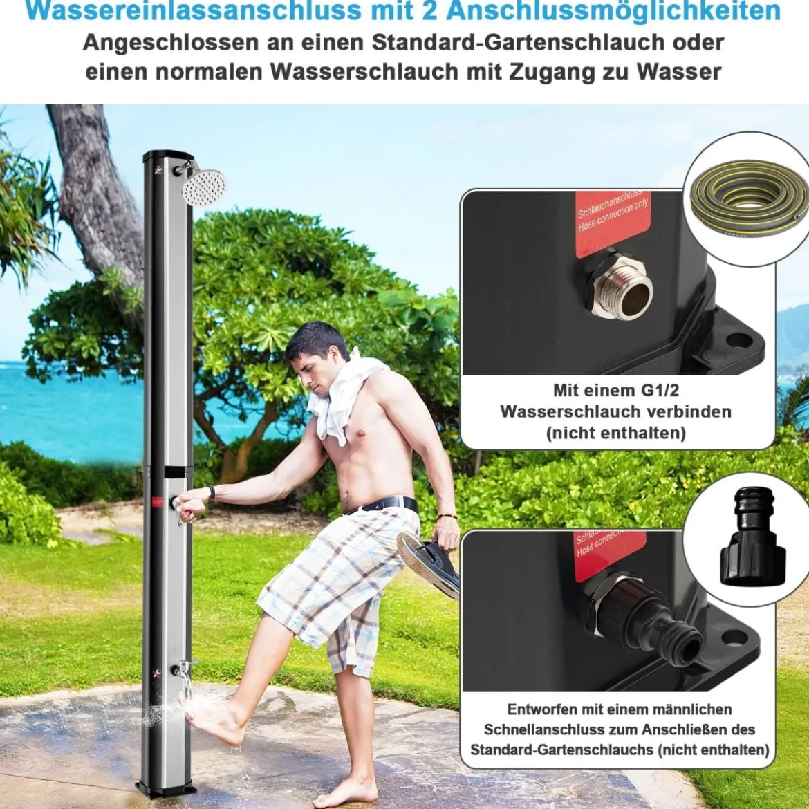Solarbeheizte Außendusche 217 cm Dusche mit 2 Sektionen und Frei Drehbarem Duschkopf Schwarz + Silber
