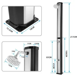 Solarbeheizte Außendusche 217 cm Dusche mit 2 Sektionen und Frei Drehbarem Duschkopf Schwarz + Silber