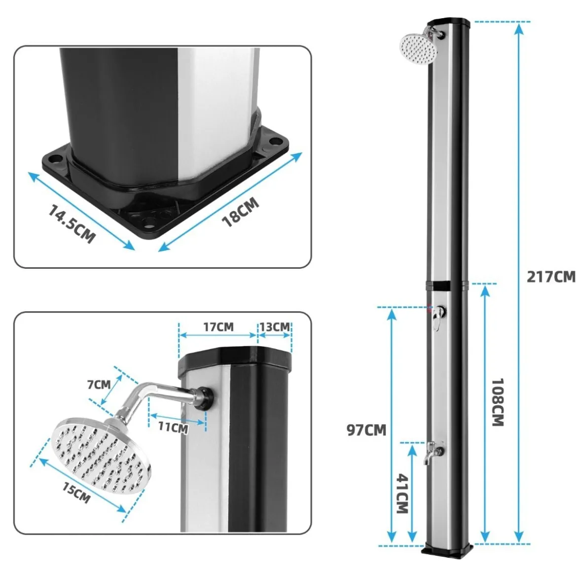 Solarbeheizte Außendusche 217 cm Dusche mit 2 Sektionen und Frei Drehbarem Duschkopf Schwarz + Silber