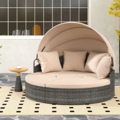 Sonneninsel mit Dach & Tisch & Sitz- und Rückenkissen Rattan Sonnenliege Gartenliege Beige