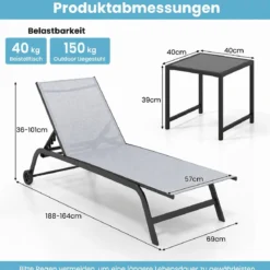 Sonnenliege mit Rollen und Beistelltisch Outdoor Liegestuhl bis 150 kg Tragbar Grau/Schwarz/Braun