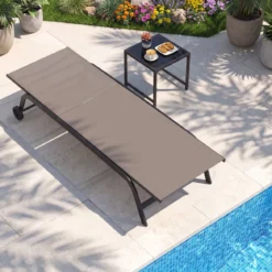 Sonnenliege mit Rollen und Beistelltisch Outdoor Liegestuhl bis 150 kg Tragbar Grau/Schwarz/Braun