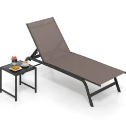 Sonnenliege mit Rollen und Beistelltisch Outdoor Liegestuhl bis 150 kg Tragbar Grau/Schwarz/Braun