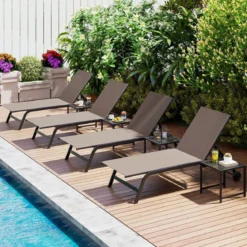 Sonnenliege mit Rollen und Beistelltisch Outdoor Liegestuhl bis 150 kg Tragbar Grau/Schwarz/Braun