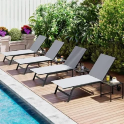 Sonnenliege mit Rollen und Beistelltisch Outdoor Liegestuhl bis 150 kg Tragbar Grau/Schwarz/Braun
