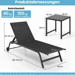 Sonnenliege mit Rollen und Beistelltisch Outdoor Liegestuhl bis 150 kg Tragbar Grau/Schwarz/Braun