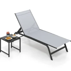 Sonnenliege mit Rollen und Beistelltisch Outdoor Liegestuhl bis 150 kg Tragbar Grau/Schwarz/Braun