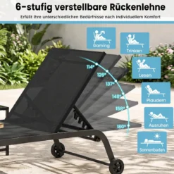 Sonnenliege mit Rollen und Beistelltisch Outdoor Liegestuhl bis 150 kg Tragbar Grau/Schwarz/Braun
