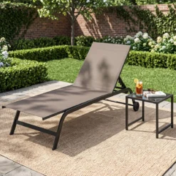 Sonnenliege mit Rollen und Beistelltisch Outdoor Liegestuhl bis 150 kg Tragbar Grau/Schwarz/Braun