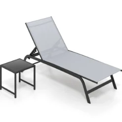 Sonnenliege mit Rollen und Beistelltisch Outdoor Liegestuhl bis 150 kg Tragbar Grau/Schwarz/Braun