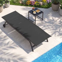 Sonnenliege mit Rollen und Beistelltisch Outdoor Liegestuhl bis 150 kg Tragbar Grau/Schwarz/Braun