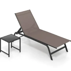 Sonnenliege mit Rollen und Beistelltisch Outdoor Liegestuhl bis 150 kg Tragbar Grau/Schwarz/Braun